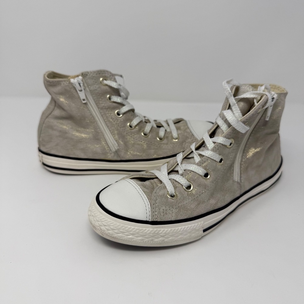 Converse‎ All Star Size 3 Junior Leather Zip High Top Sneakers Beige Gold Youth